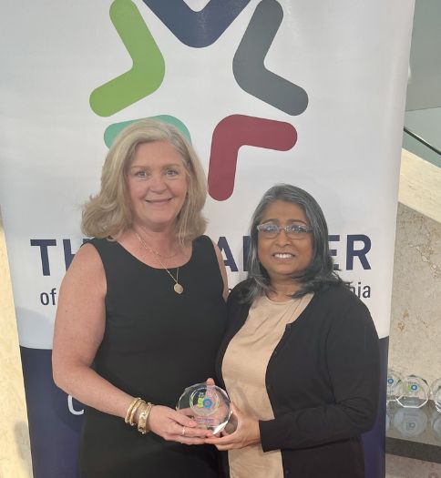 Pictured at the Civic 50 Greater Philadelphia Award announcement are (L-R) Helen Hammerschmidt, associate vice president for communication, operations, and strategy, WCU Provost Office, and Rita Patel-Eng, senior director, WCU Center for Civic Engagement and Social Impact.