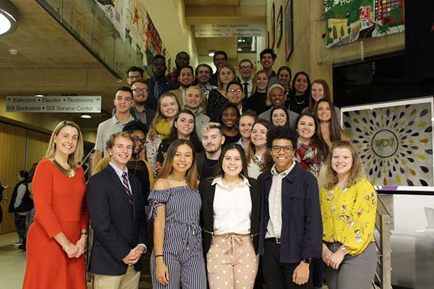 A former senate is pictured on the staircase in Sykes Student Union