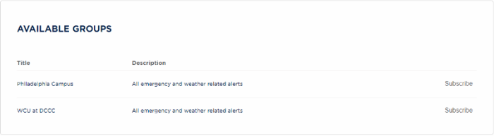 List of groups to subscribe to. The left column has titles of the groups. The middle column has a description for each group. On the right side are buttons to subscribe to each group.