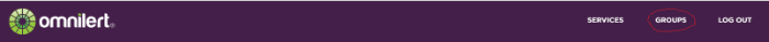 Menu bar showing Omnilert on the left and links for services, groups (circled) and log out on the right.
