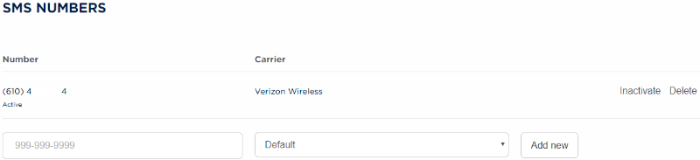 Mobile phone number information (number, carrier, make inactive, or delete). Also boxes to add a new mobile number with carrier.